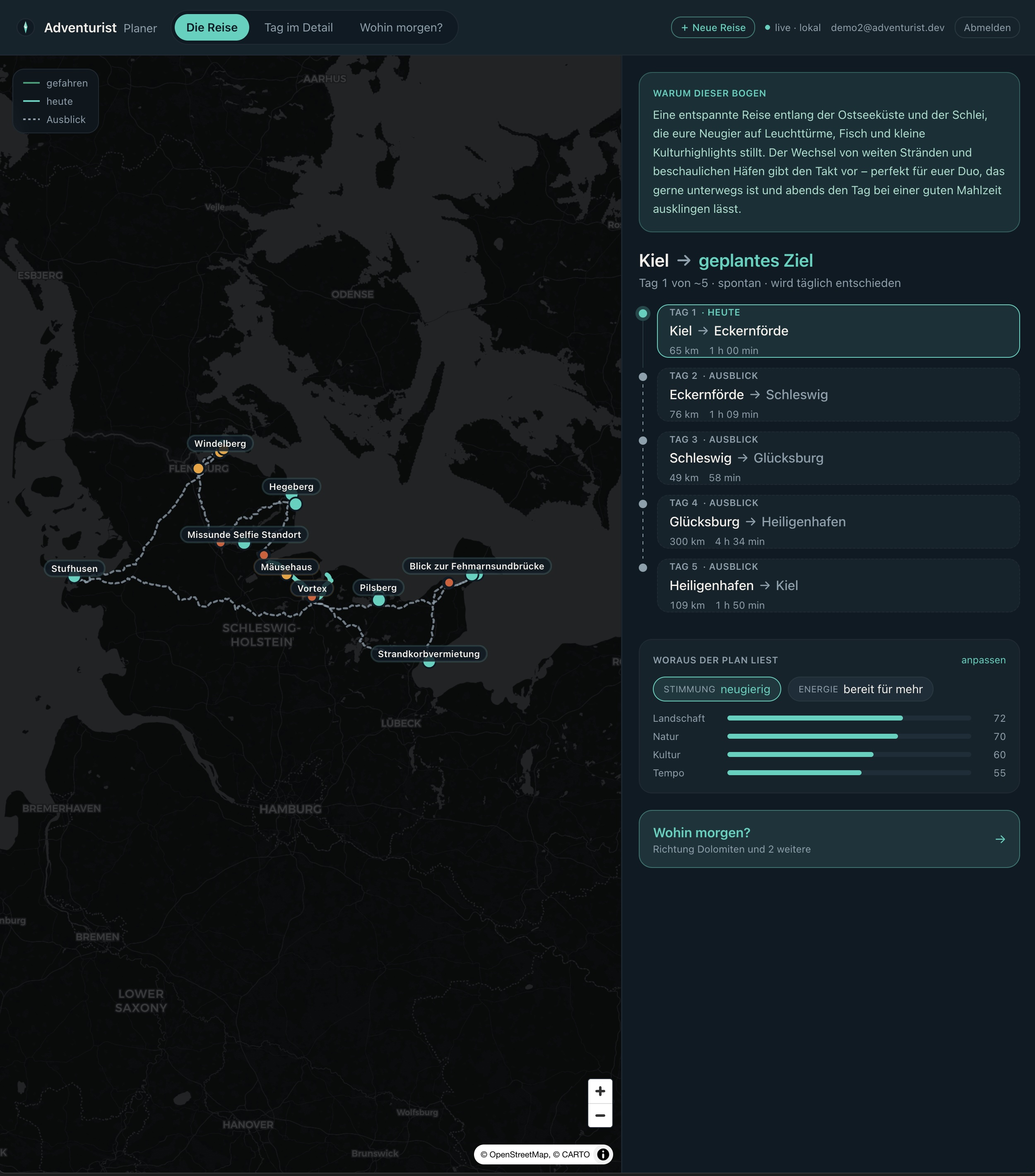 Adventurist Webplaner mit Karte und Tages-Detail
